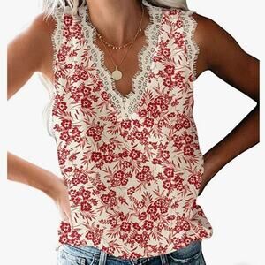 Viishow V-neck Sleeveless Blouse Womens Small Red Cream Lace